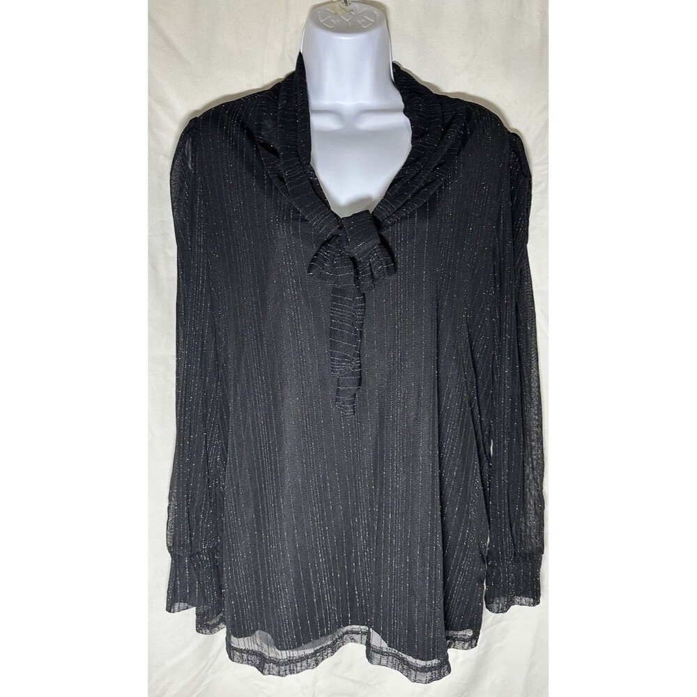 Jade Moon Gray Silver Blouse Sheer Tie Lined Silver Thread Bling Cuffs 1X